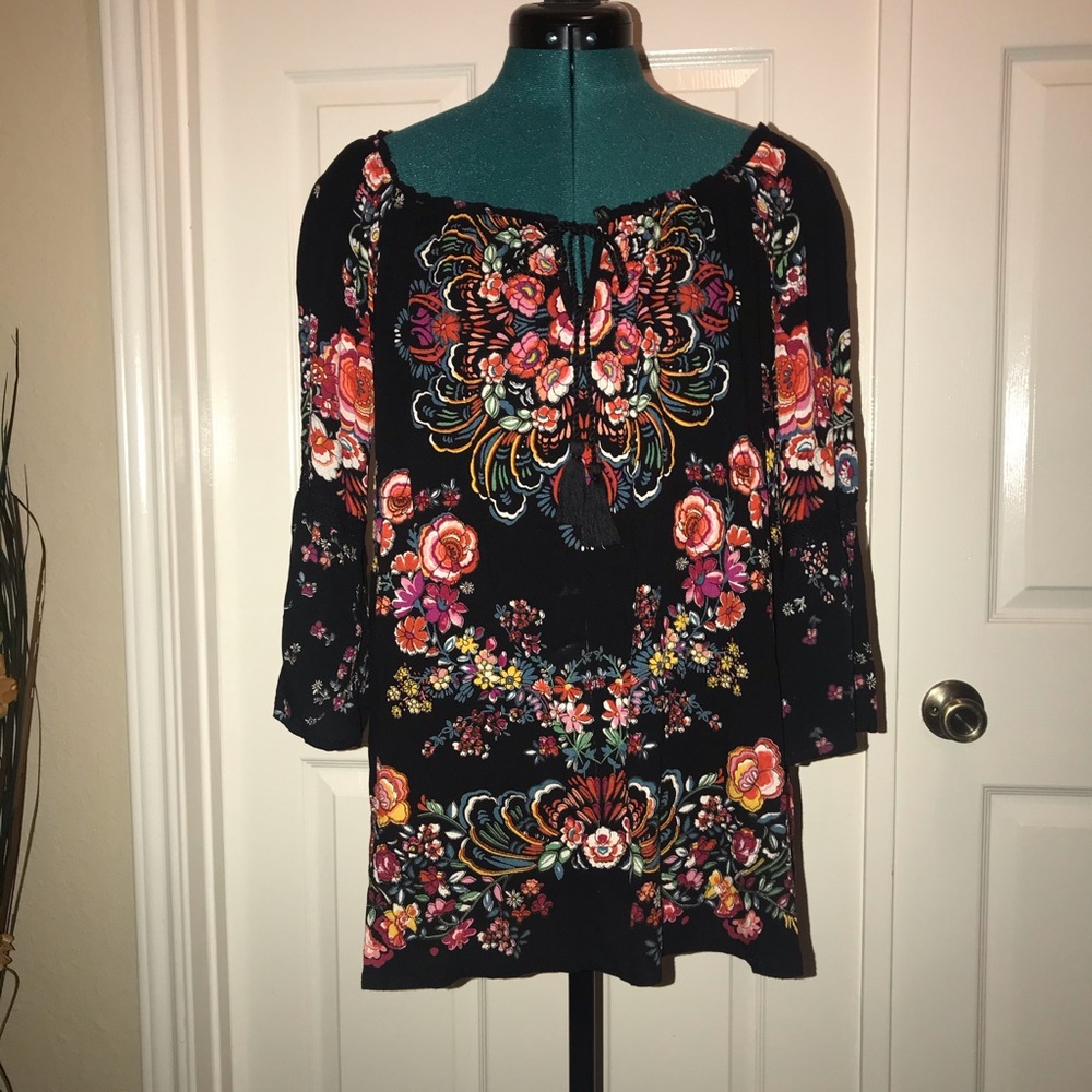 Bila Black and Floral Peasant Style Blouse
